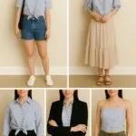 Collage of styling ideas for DIY upcycled button-up shirt tops, including casual tie shirt with shorts, off-the-shoulder blouse with maxi skirt, cropped shirt with blazer for office wear, and plaid tube top with cargo pants.