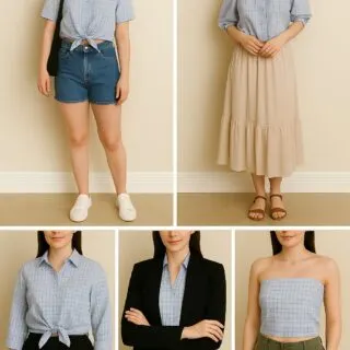 Collage of styling ideas for DIY upcycled button-up shirt tops, including casual tie shirt with shorts, off-the-shoulder blouse with maxi skirt, cropped shirt with blazer for office wear, and plaid tube top with cargo pants.