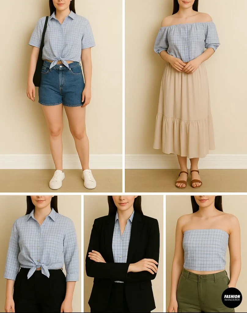 Collage of styling ideas for DIY upcycled button-up shirt tops, including casual tie shirt with shorts, off-the-shoulder blouse with maxi skirt, cropped shirt with blazer for office wear, and plaid tube top with cargo pants.