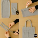 DIY process collage showing sweatpant leg cut, glued hem, added straps, and final no-sew cargo-style tote bag made from grey sweatpants with visible front utility pockets.