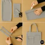 DIY process collage showing sweatpant leg cut, glued hem, added straps, and final no-sew cargo-style tote bag made from grey sweatpants with visible front utility pockets.
