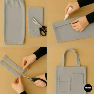 DIY process collage showing sweatpant leg cut, glued hem, added straps, and final no-sew cargo-style tote bag made from grey sweatpants with visible front utility pockets.