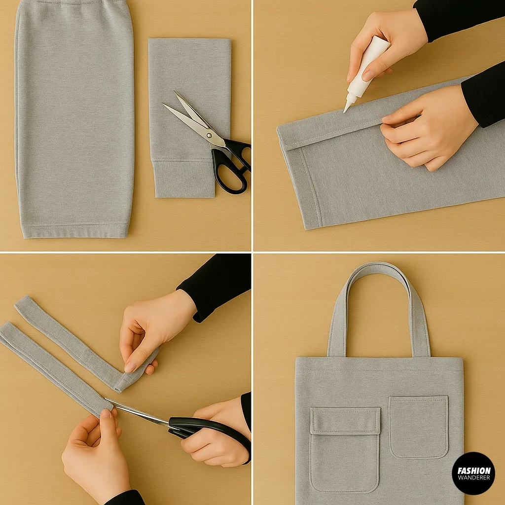 DIY process collage showing sweatpant leg cut, glued hem, added straps, and final no-sew cargo-style tote bag made from grey sweatpants with visible front utility pockets.