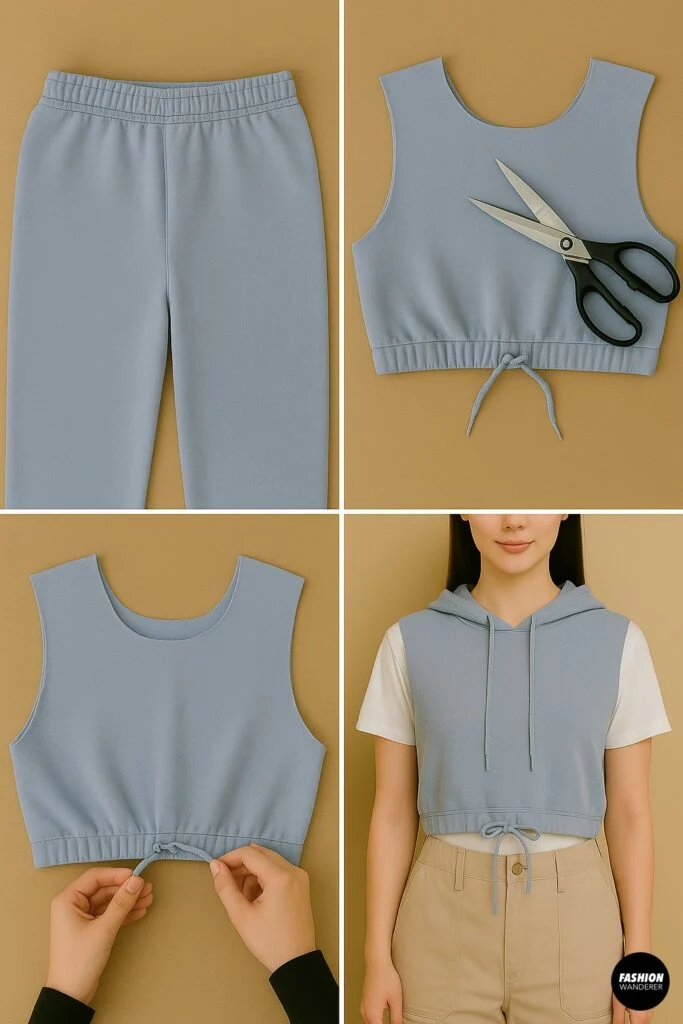 Step-by-step tutorial showing how to cut sweatpants into a hoodie-style crop vest with oversized armholes and shoelace drawstring, finished cropped vest styled over a white t-shirt.