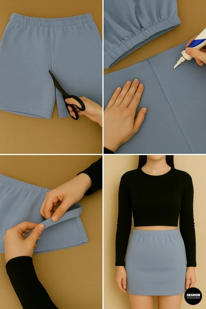 DIY tutorial sequence showing how to cut sweatpants into a no-sew mini skirt, glue seams for a clean hem, and the finished blue sweatpant mini skirt styled with a long sleeve black crop top.