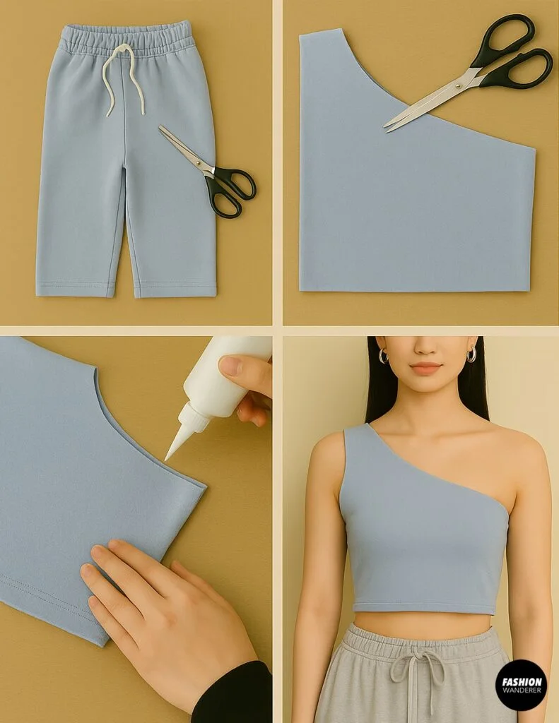 Step-by-step collage showing sweatpants leg cut, diagonal neckline shaping, glue application, and finished one-shoulder blue crop top styled with grey joggers for streetwear look.