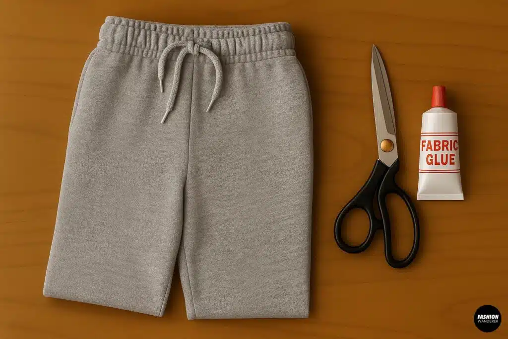 DIY tote bag materials flat lay with gray sweatpants, fabric scissors, and fabric glue on a wooden table.