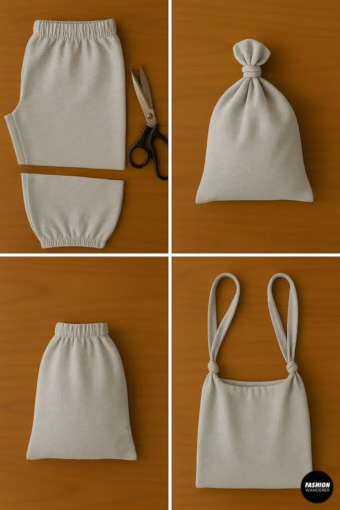 Collage tutorial showing how to transform sweatpants into a no-sew tote bag by cutting, knotting, and attaching straps.