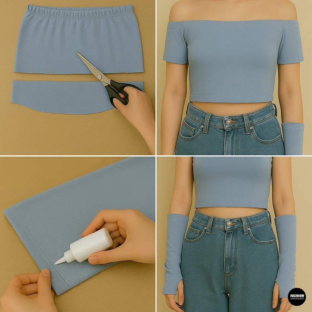 Step-by-step tutorial photo showing how to turn sweatpants into a no-sew tube top and arm warmers using scissors and fabric glue, with finished off-the-shoulder crop top modeled with jeans.