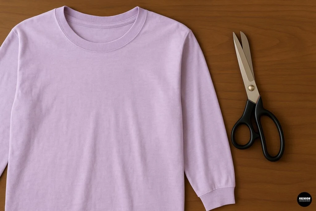 Flatlay of pastel lavender long-sleeve T-shirt and fabric scissors on a wooden table for a DIY no-sew shrug project.