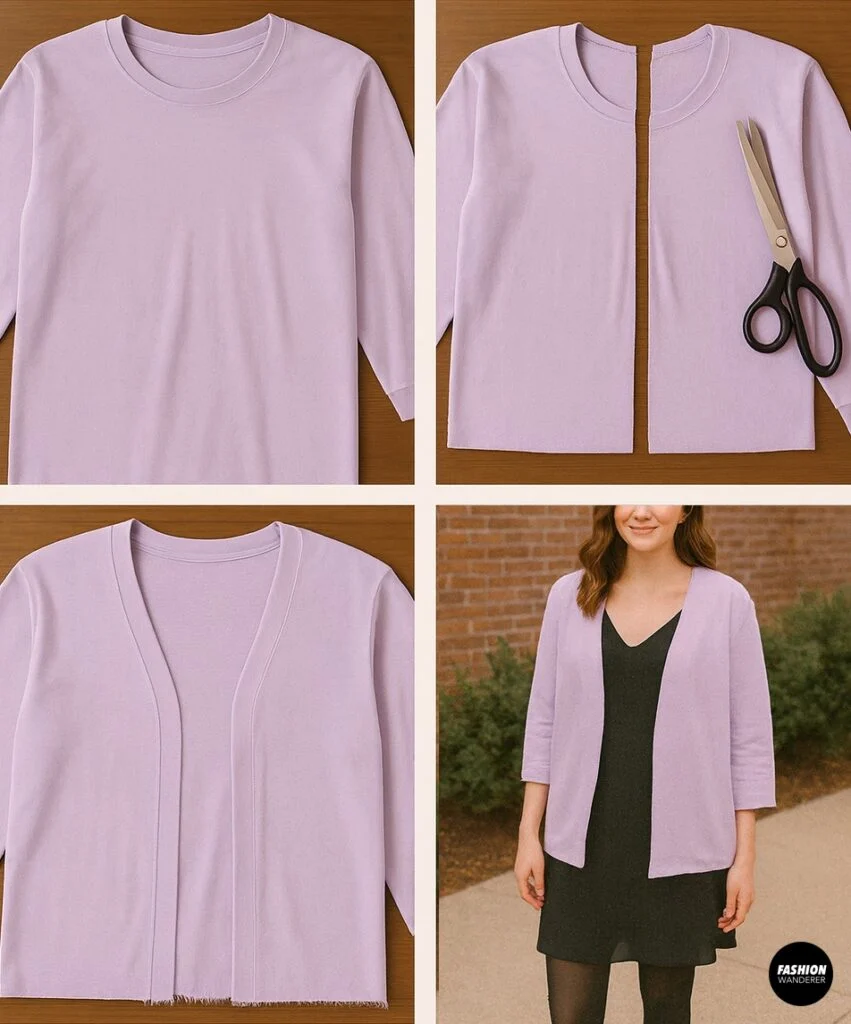 Step-by-step DIY collage showing how to cut and refashion a pastel lavender T-shirt into a no-sew long-sleeve shrug, modeled over a black slip dress.