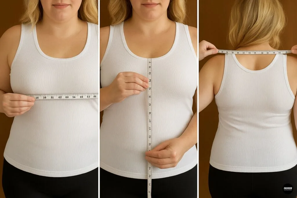 Woman taking body measurements with a tape measure — bust, center front length and back width — for drafting a custom vest pattern.