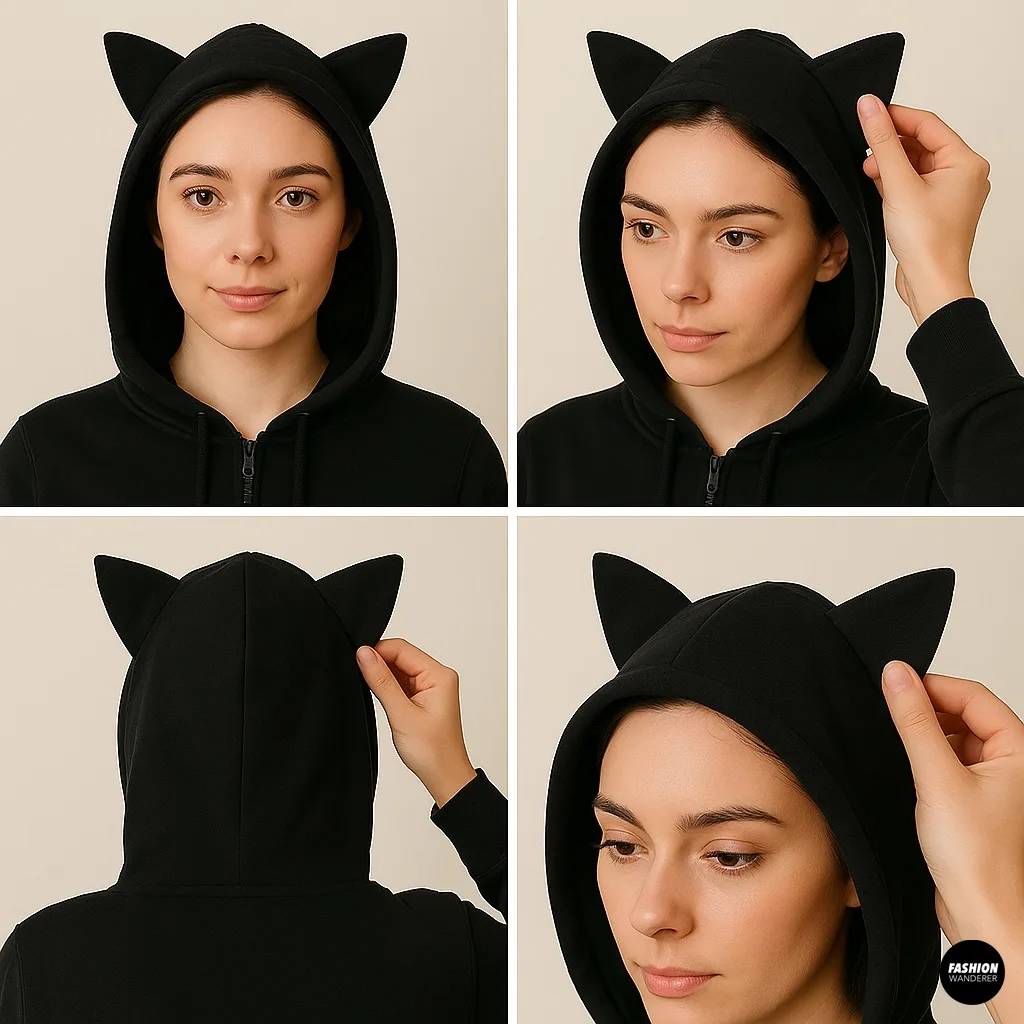 Collage of photos showing a woman trying on a black hoodie with newly attached cat ears, adjusting placement, and checking the fit from front and back views.