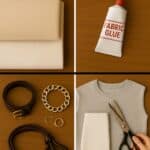 Flatlay of no-sew fashion hack materials including fleece fabric, fabric glue, scissors, belts, jewelry, and a gray sleeveless tee ready for DIY upcycling.