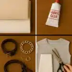 Flatlay of no-sew fashion hack materials including fleece fabric, fabric glue, scissors, belts, jewelry, and a gray sleeveless tee ready for DIY upcycling.