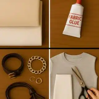 Flatlay of no-sew fashion hack materials including fleece fabric, fabric glue, scissors, belts, jewelry, and a gray sleeveless tee ready for DIY upcycling.