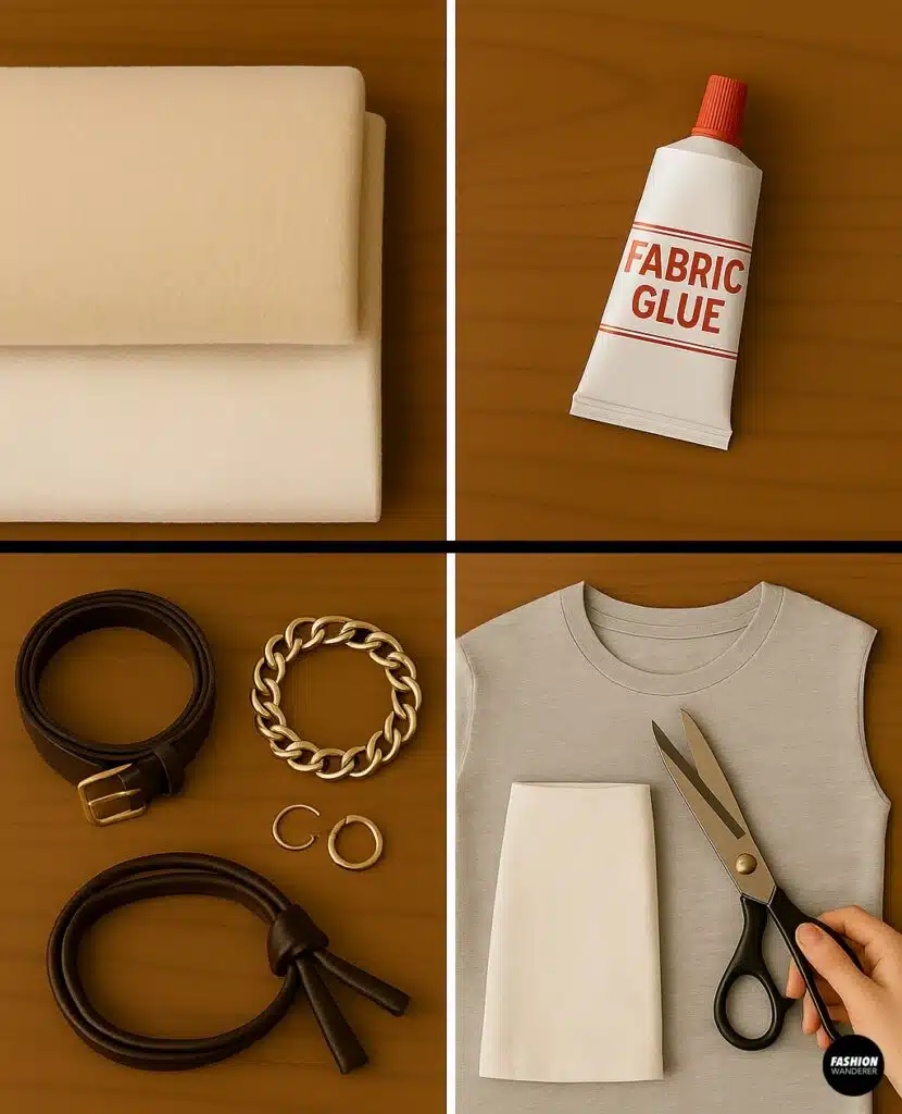 Flatlay of no-sew fashion hack materials including fleece fabric, fabric glue, scissors, belts, jewelry, and a gray sleeveless tee ready for DIY upcycling.