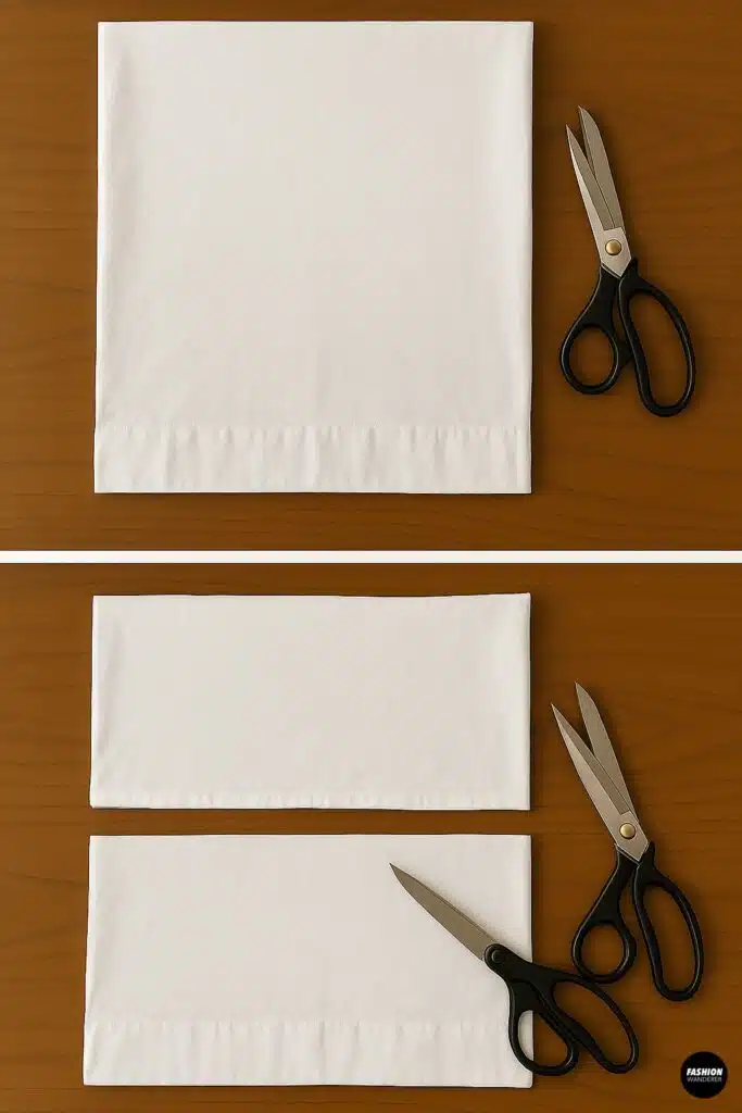 Step-by-step collage showing trimming and shaping a pillowcase with scissors to prepare for a DIY no-sew tote bag.