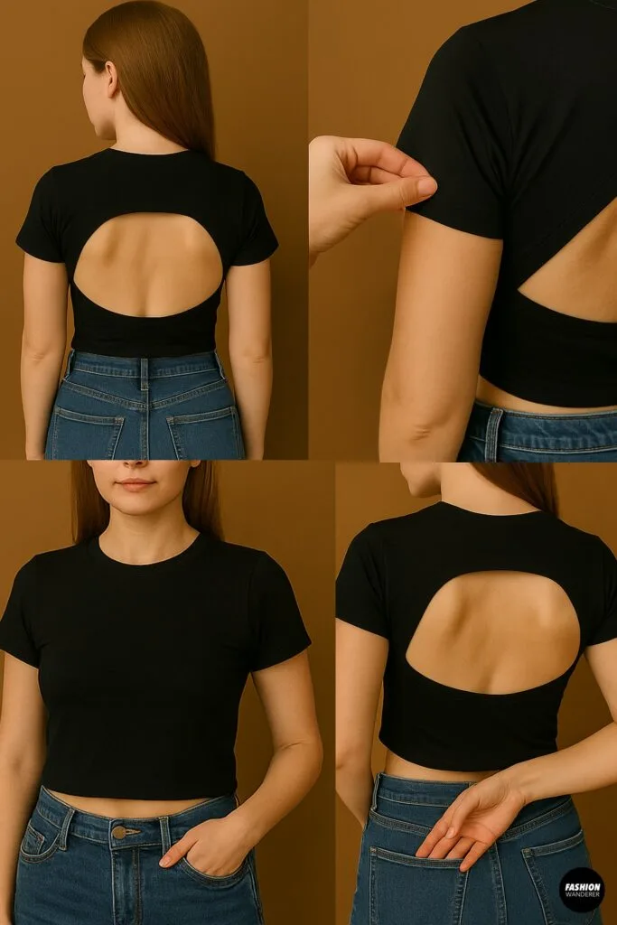 Fitting and adjusting the cut-out backless T-shirt after DIY alterations, showing front and back views of the finished look.
