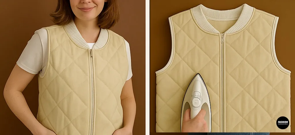 Model wearing the finished quilted bomber vest while checking fit and making small adjustments — final try-on and fit test for the DIY vest.