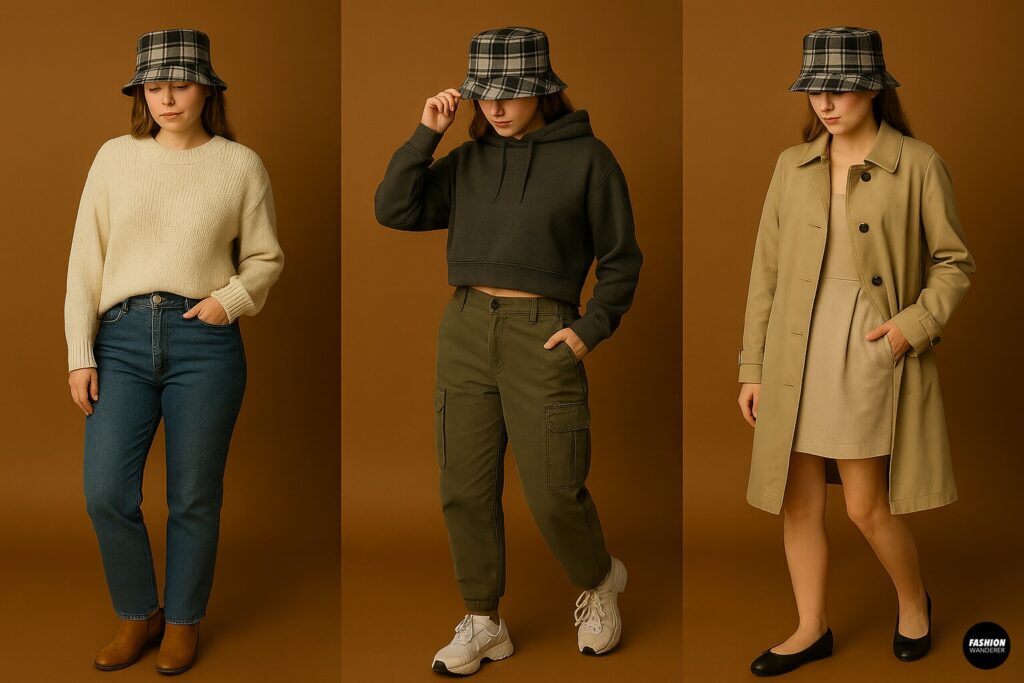 Collage of three outfit styling ideas with plaid bucket hat: classic fall look with sweater and jeans, streetwear style with cropped hoodie and cargo pants, and coquette-inspired look with trench coat and dress.