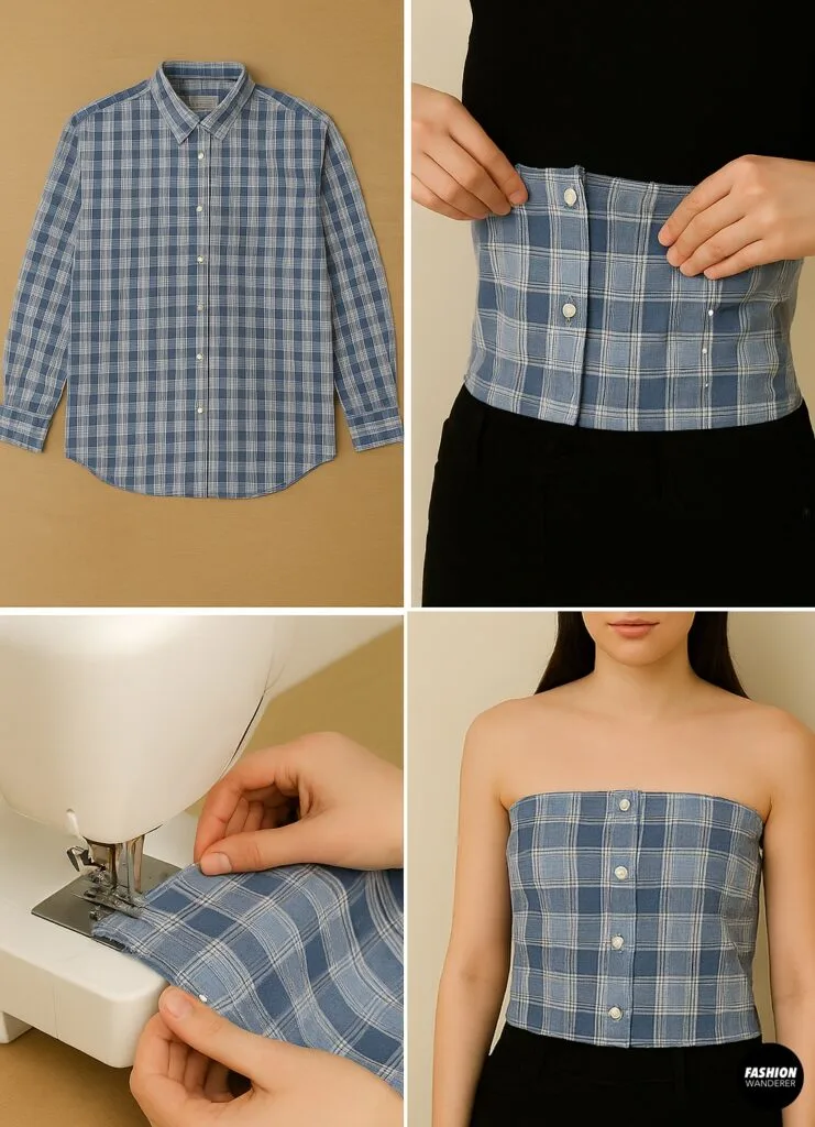 Step-by-step tutorial for creating a DIY tube top from a men&rsquo;s button-up shirt, showing cutting, sizing with pins, sewing, adding elastic, and modeling the completed strapless plaid tube top.