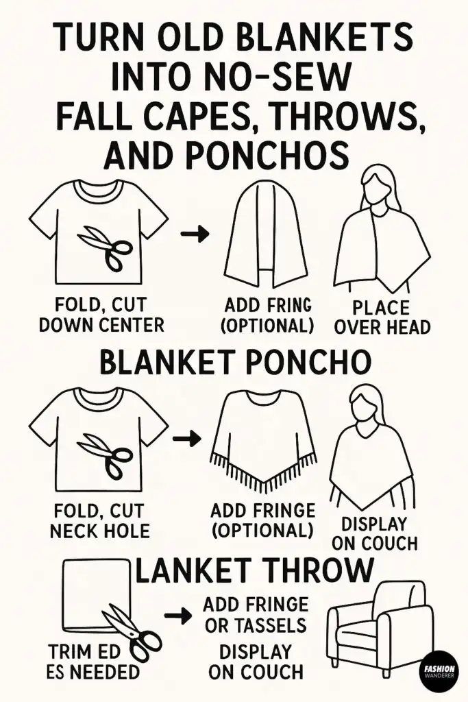 Black and white illustrated infographic showing how to turn old blankets into no-sew fall capes, ponchos, and throws with simple cutting and fringe steps.