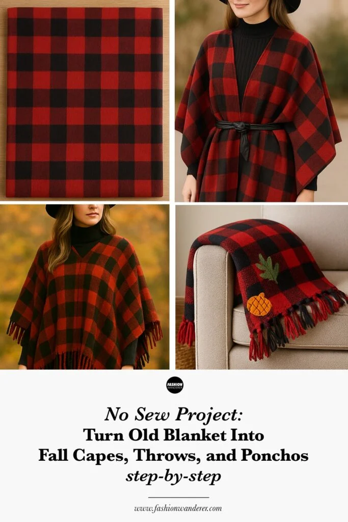 Step by step instructions to turn old blankets into no-sew fall capes, ponchos, and throws with simple cutting techniques and fringe ideas.