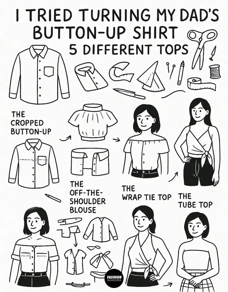 Black and white step-by-step infographic showing how to upcycle a men&rsquo;s button-up shirt into five DIY tops: cropped shirt, off-the-shoulder blouse, wrap tie top, halter neck tank, and tube top.