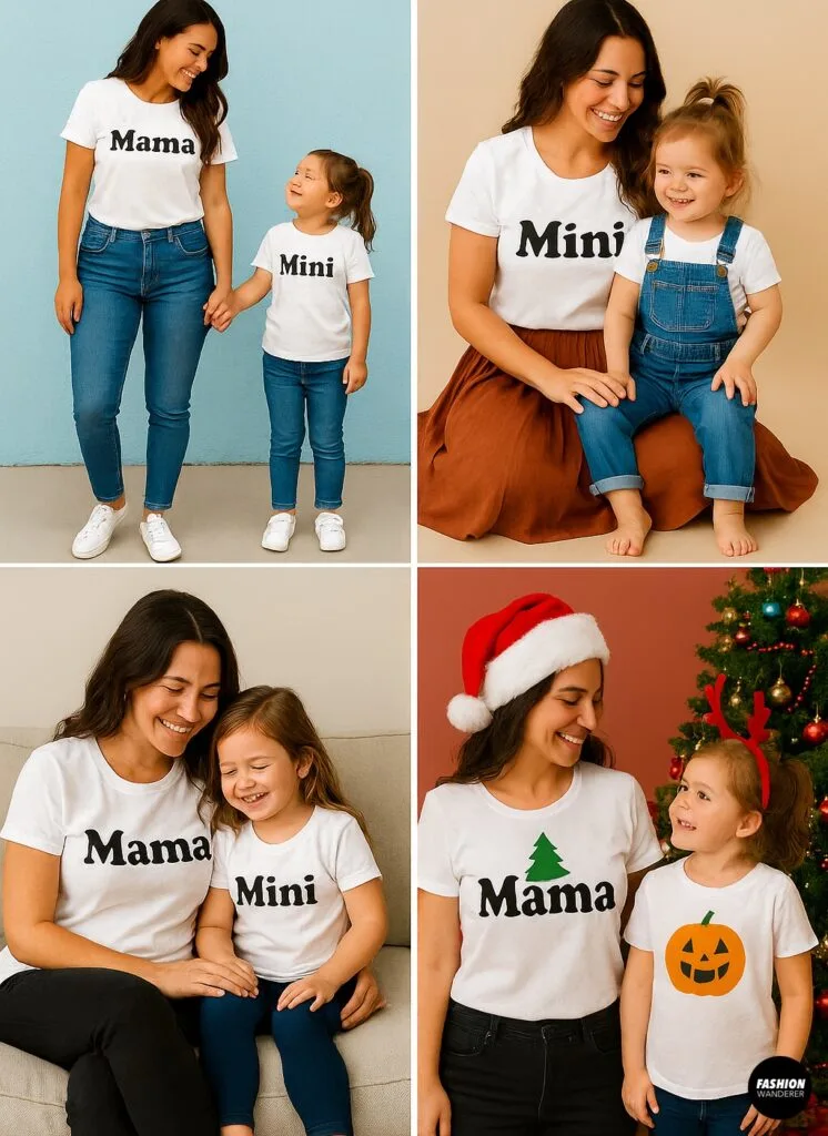 DIY T-shirt variations including tie-dye, hand-drawn kids&rsquo; art, fringe cut crop tops, and layered two-tone shirt designs for Mommy & Me matching sets.