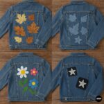 Collage of four denim jackets with creative DIY variations—metallic fabric leaves, denim-on-denim leaf cutouts, colorful flower appliqués for spring, and removable Velcro star patches.