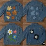 Collage of four denim jackets with creative DIY variations—metallic fabric leaves, denim-on-denim leaf cutouts, colorful flower appliqués for spring, and removable Velcro star patches.