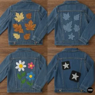 Collage of four denim jackets with creative DIY variations—metallic fabric leaves, denim-on-denim leaf cutouts, colorful flower appliqués for spring, and removable Velcro star patches.