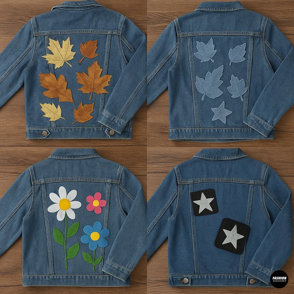 Collage of four denim jackets with creative DIY variations—metallic fabric leaves, denim-on-denim leaf cutouts, colorful flower appliqués for spring, and removable Velcro star patches.
