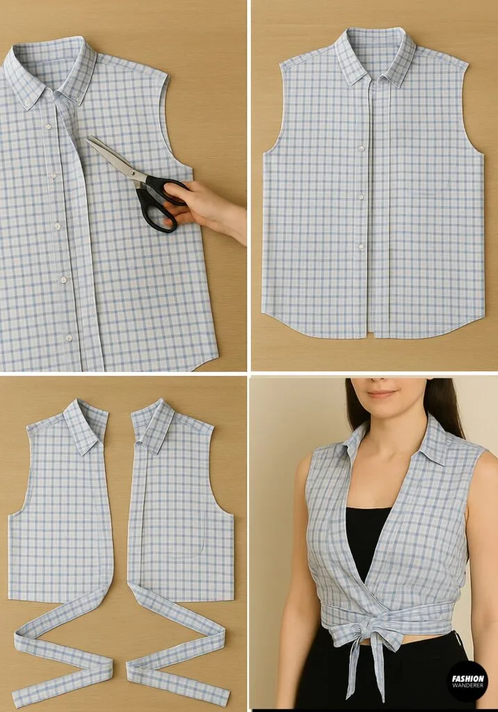 Step-by-step tutorial for transforming a men&rsquo;s button-up shirt into a wrap tie top, including removing sleeves, splitting the front, attaching fabric ties, and modeling the finished wrap top.