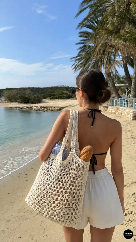 Behind view of woman wearing black swimsuit top with white linen shorts holding a crochet market bag standing on a sandy beach with palm trees in the background.