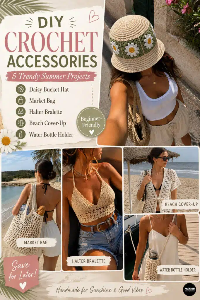 Collage of 5 must try crochet projects for summer. The crochet design ideas include Crochet Coastal Market Tote, Crochet Tie Front Beach Cover-Up, Crochet Daisy Bucket Hat, Crochet Shell Stitch Halter Top, and Crochet Water Bottle Crossbody Holder.