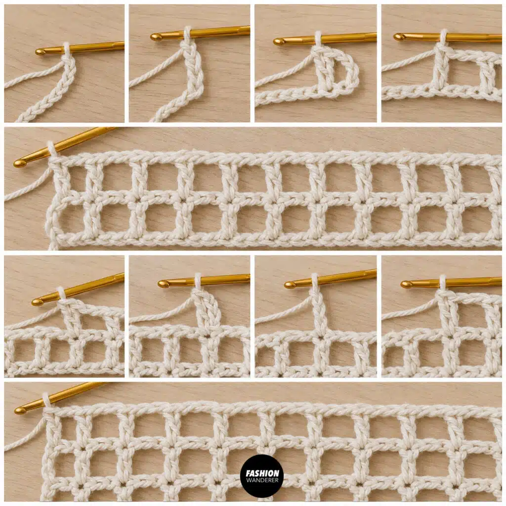 Steps for making the crochet mesh body for the market bag.