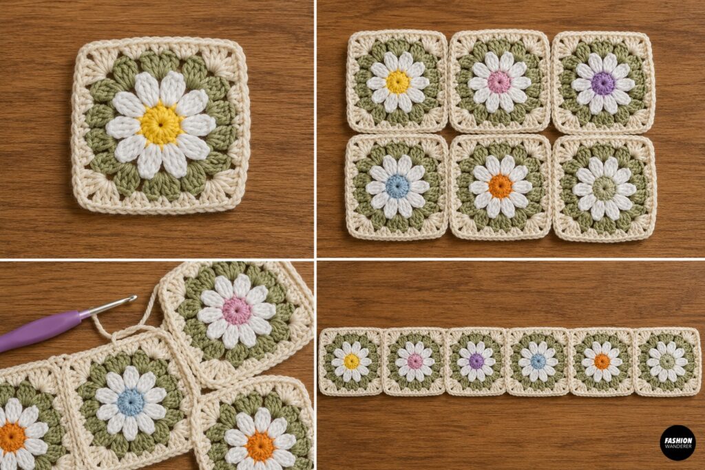 Create multiple crochet daisy granny squares.