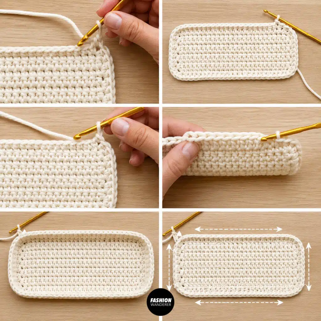 Start crochet stitching around the base of the bag.