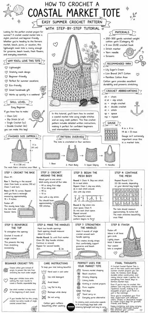 Infograph showing step by step instructions to make a crochet market tote bag included stitch type, stitch count and instructions for each part of the crochet bag making process.