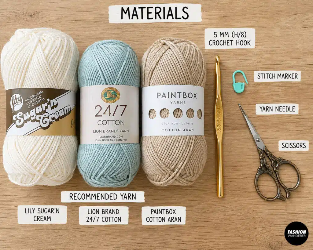 Materials needed to make a crochet market bag
