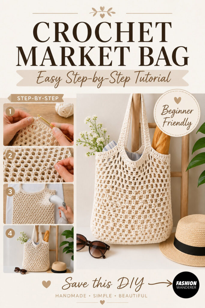Collage pin featuring a crochet market tote bag including step by step instructions and detailed photos of the diy bag making process.