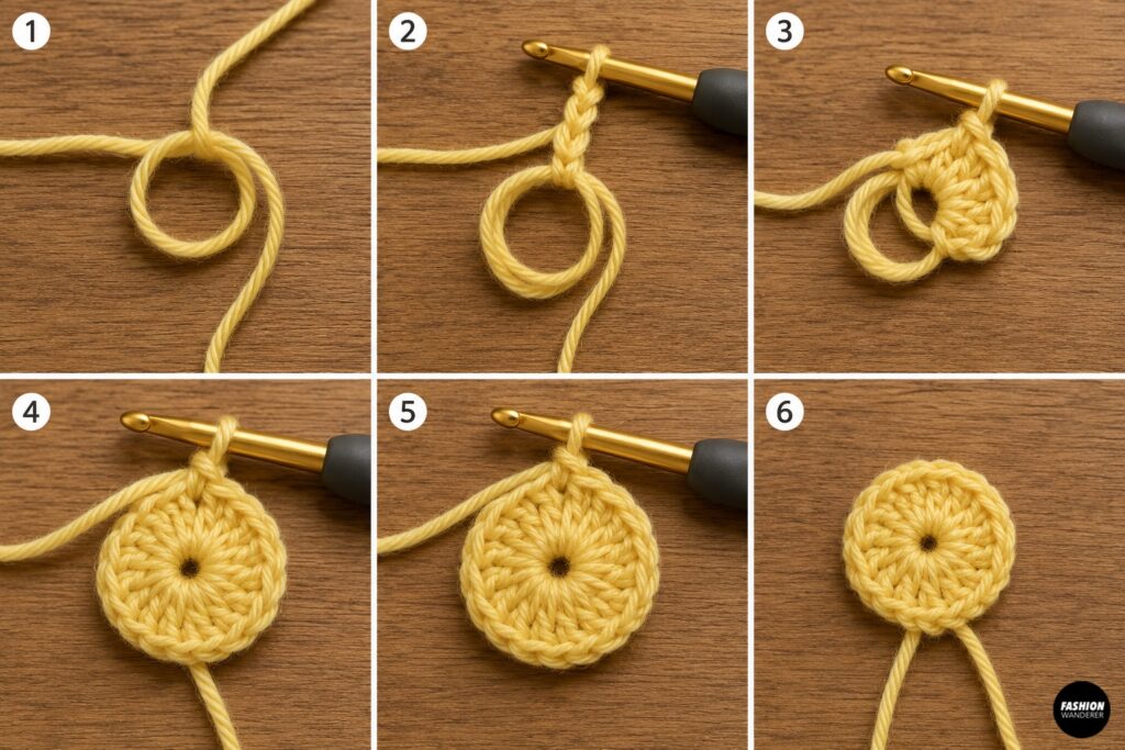 Steps to make the center of a crochet daisy.