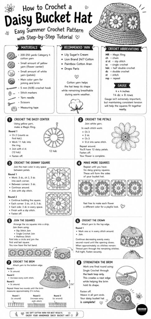Infographic showing step by step instructions to make a crochet daisy bucket hat. This DIY crochet hat tutorial includes materials, step by step photos and detailed instructions to complete the crochet pattern.