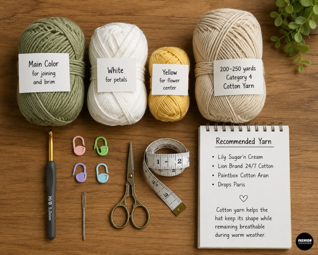 Materials needed to make crochet daisy bucket hat including yarn, scissors, measuring tape, needle and crochet hook.