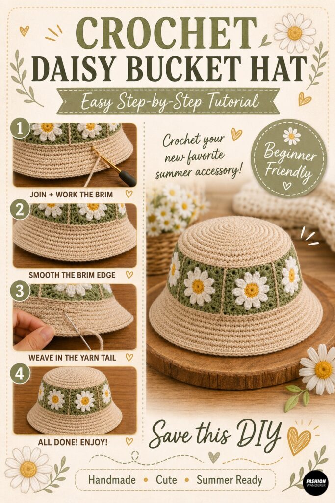 Collage showing step by step instructions to make a crochet daisy bucket hat. The infograph features shows each step and how the finished crochet hat looks.