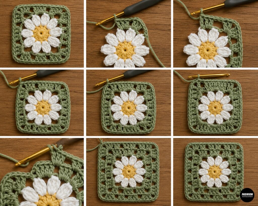 Collage of steps showing how to make crochet daisy granny squares.