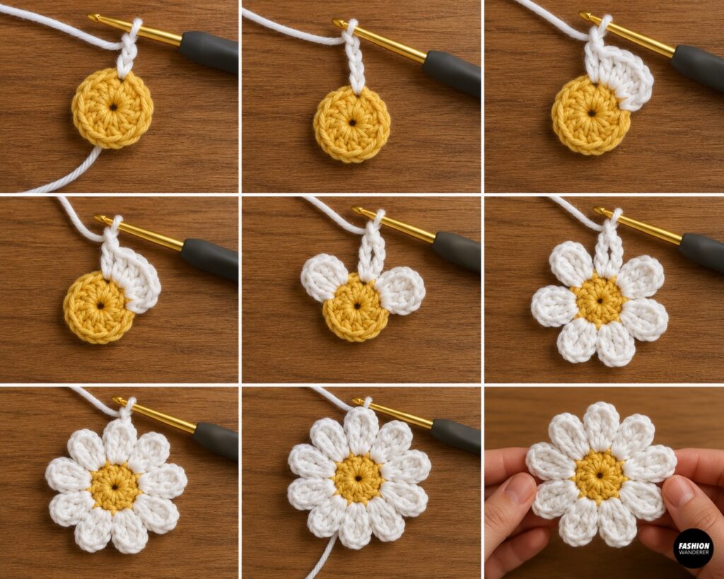 Steps to make the crochet daisy petals around the center.
