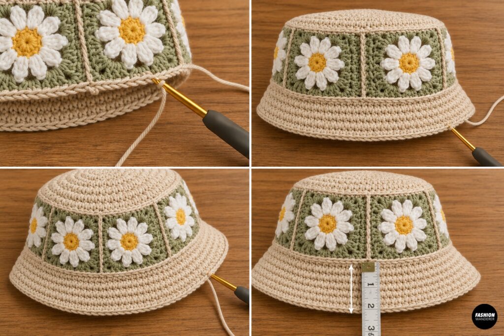 Complete the crochet hat brim on bottom of the connected daisy granny squares.